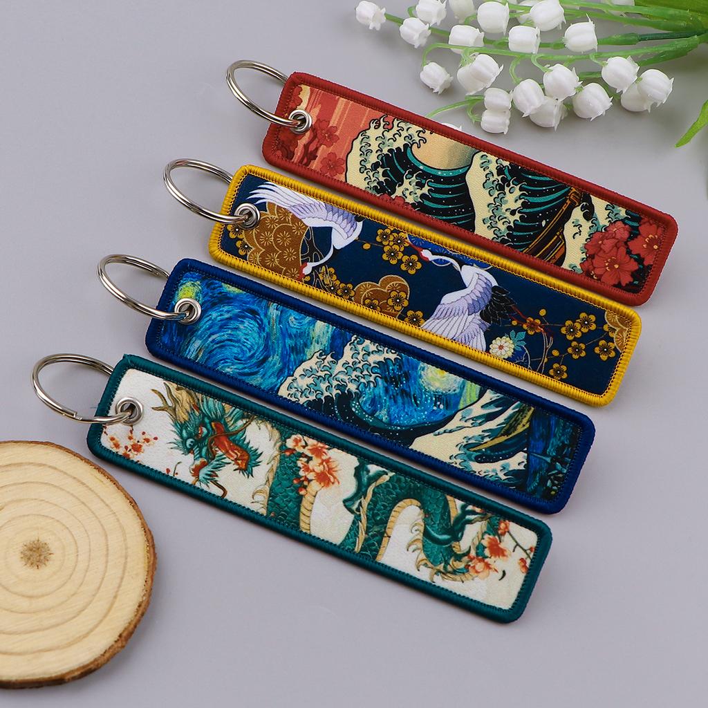 Embroidery Key Fobs Japanese Waves Key Tags Keychain For Motorcycles Cars Key Ring Accessories Jewelry Chaveiro Gifts