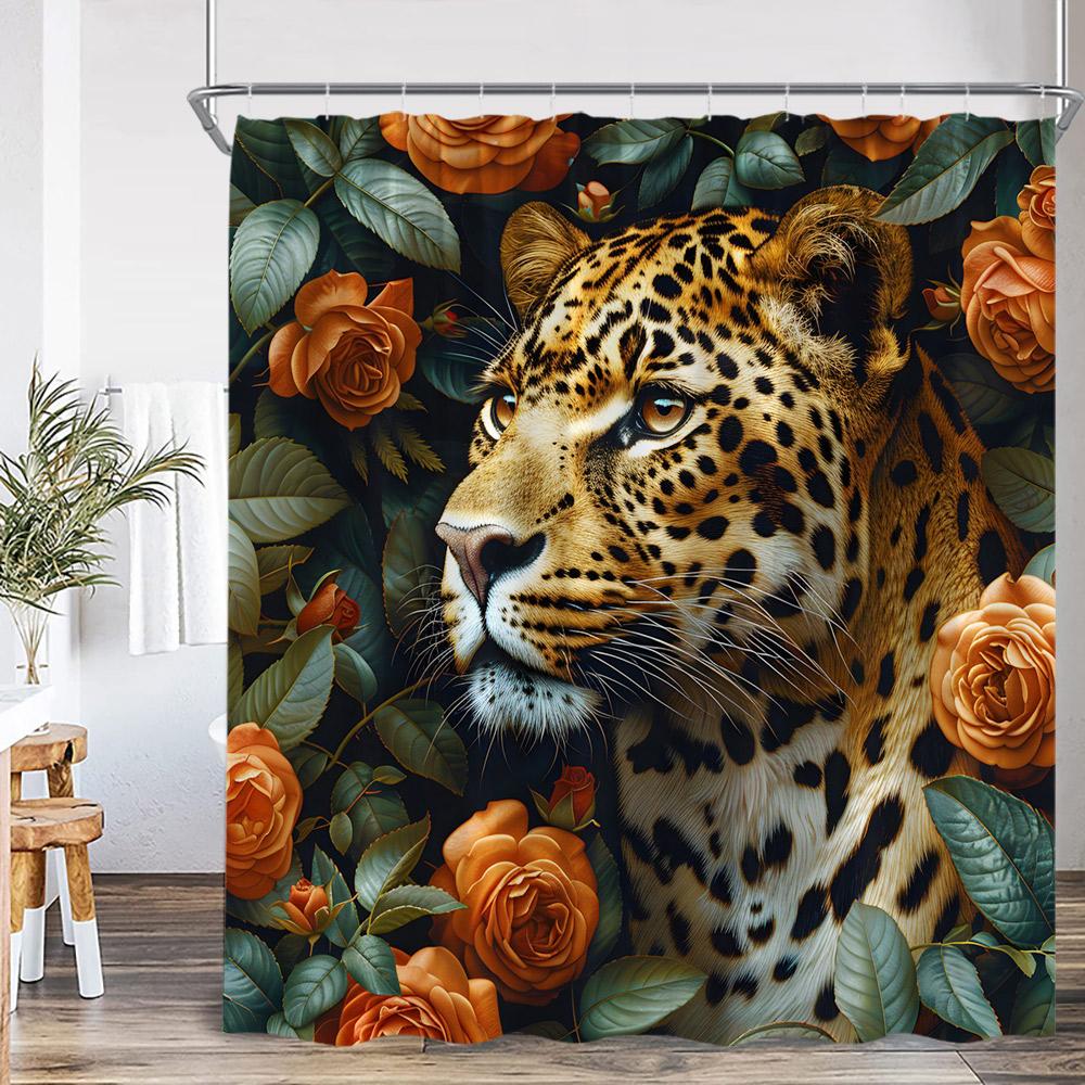 Leopard Floral Shower Curtain Bathing Wild Animal Print Green Leaf Flower Elegant Panther Bathroom Decor Modern Bath Curtain