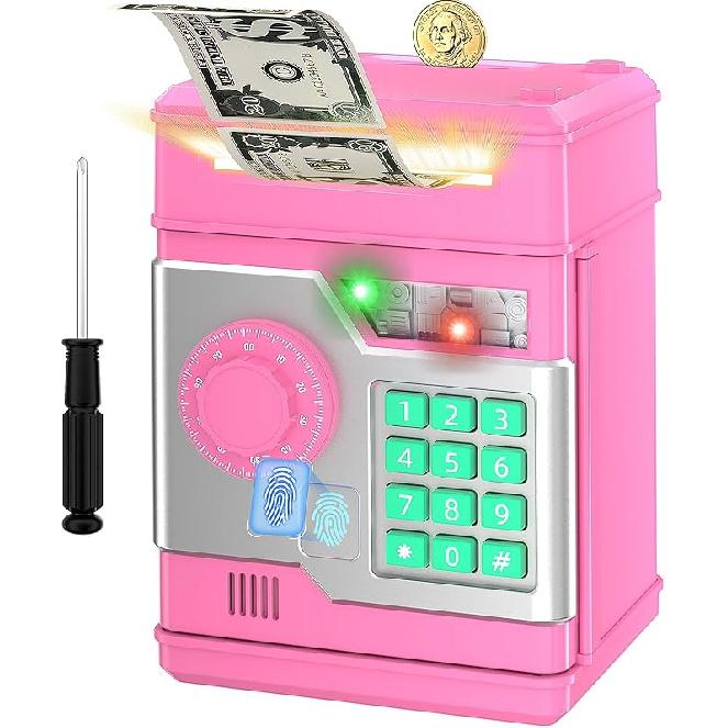 Piggy Bank, Automatic Electronic Piggy Bank for Kids Boys Girls with Password and Fingerprint Unlocking Simulation, Money Bank Kids Safe Toys for 3 4 розовый