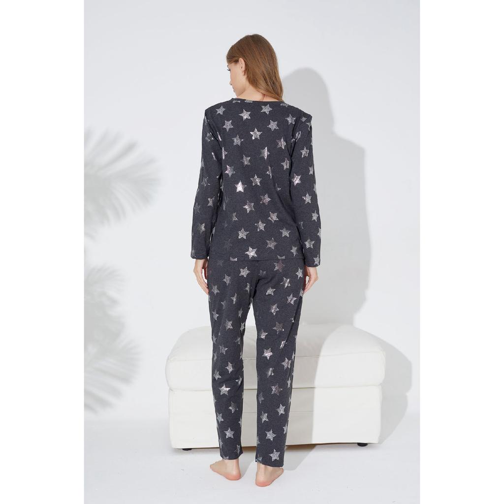 Pink Black Heart And Point Patterned Knitted Pajama Set 7792