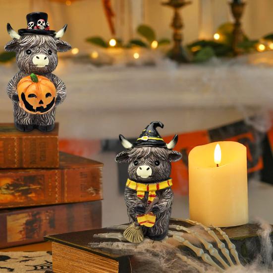 2 Pcs Highland Cow Figurine Autumn Pumpkin Maple Highland Cow Statue Resin Scottish