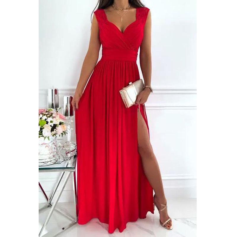 Europäischer und Amerikanischer Stil Ärmellos Spitze Rückenfrei Saumschlitz Damenkleid