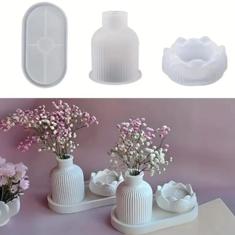 Lotus Striped Vase Tray Silicone Mold Set Diy Epoxy Resin Plaster Mold For Flower Arrangement Aroma Clay Craft Home Decoration