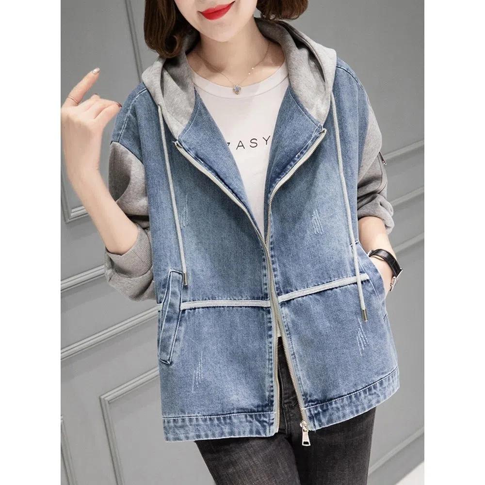 Dámská džínová bunda s kapucí, jarní volná bunda velké velikosti, podzimní ležérní barevně sladěný džínový kabát
