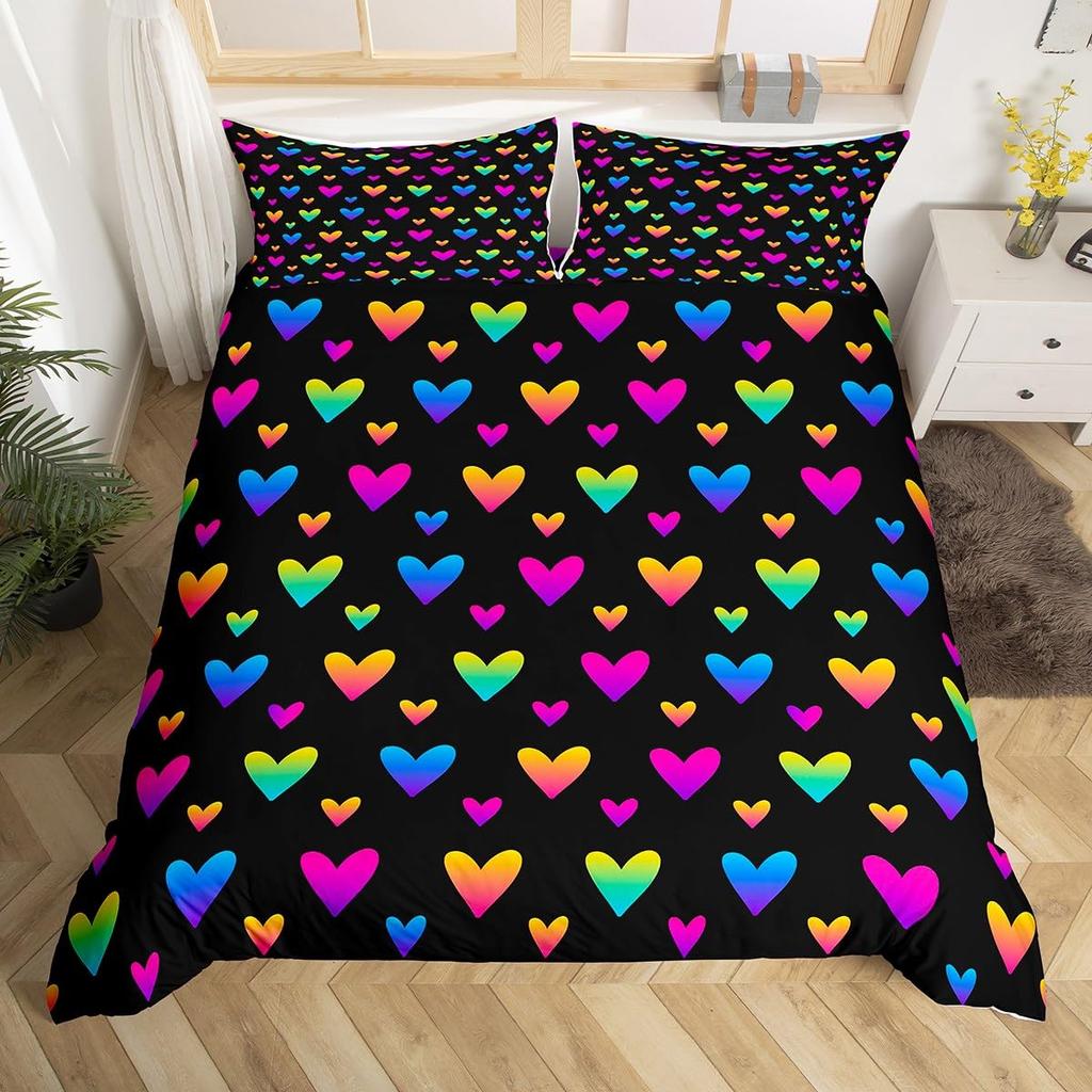 Colorful Love Heart Comforter Cover Queen Pink Black Bedding Set Romantic Duvet Cover Valentine's Day Quilt Cover with Zipper