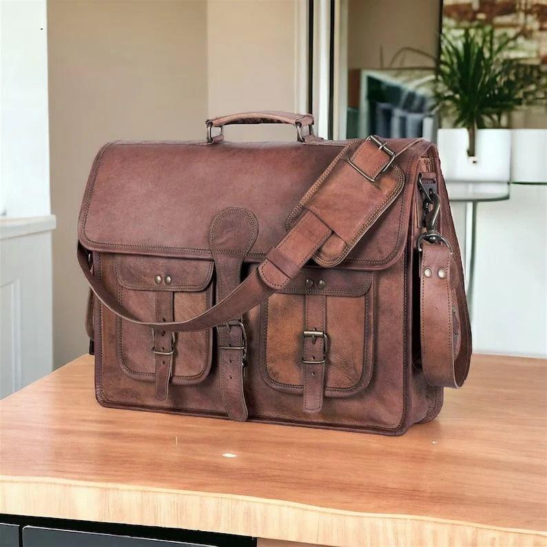 Genuine Vintage Brown Leather Messenger Bag Shoulder Laptop Bag Briefcase