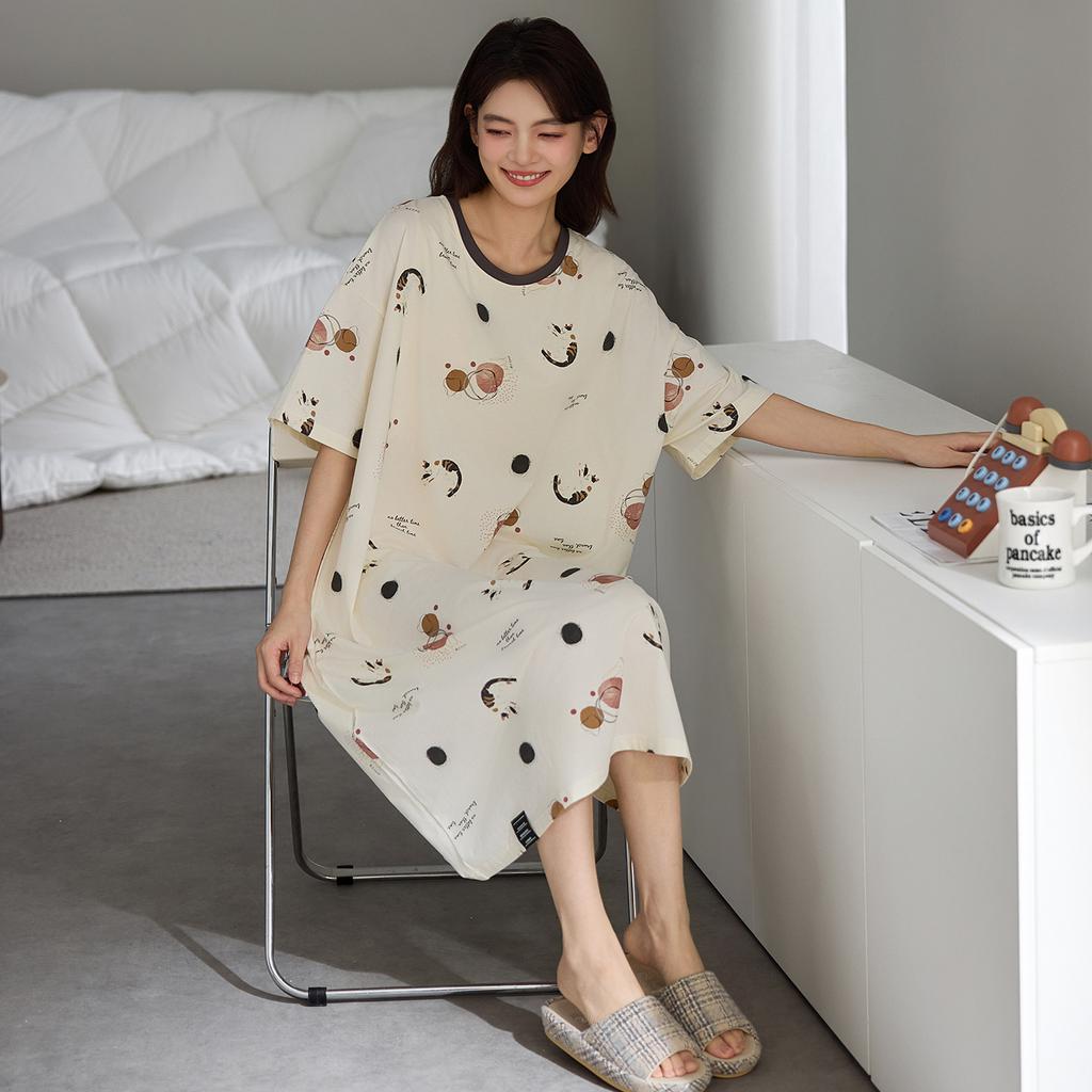 1011 New Nightdress with Chest Pad Women's Summer Pure Cotton Short-sleeved Thin Striped Medium and Long Pajamas Loungewear Skirt