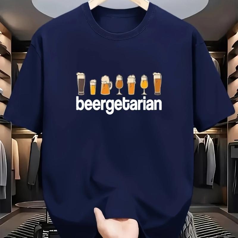 Maglietta Divertente da Uomo in Cotone per Amanti della Birra Vegani BEERGETARIAN Stampa con Bicchieri da Birra Simbolo Vegano Blu Navy Girocollo Maglietta Casual