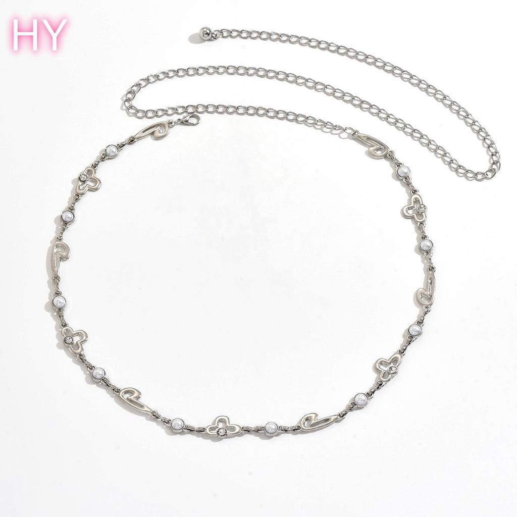 HY  Women White Pearl Sunflower Leaf Fine Beach Sexy Belt Slender Waist Body Chain Ladies Silver Plated Jewelry