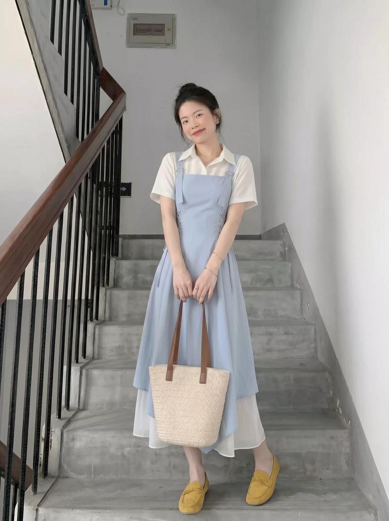 French light blue dress set women s summer new waist pinched irregular long dress beautiful strap skirt S