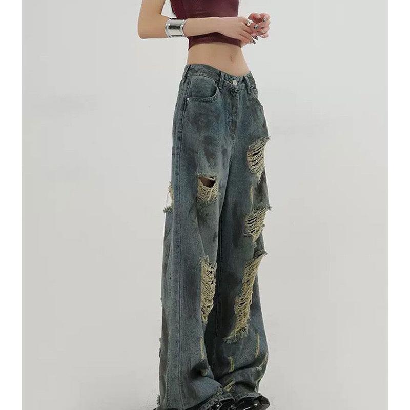 Wasteland Style Retro Ripped Jeans Women's Spring and Summer New Design Sense High Waist and Thin Large Size Wide Legs Mopping Trousers