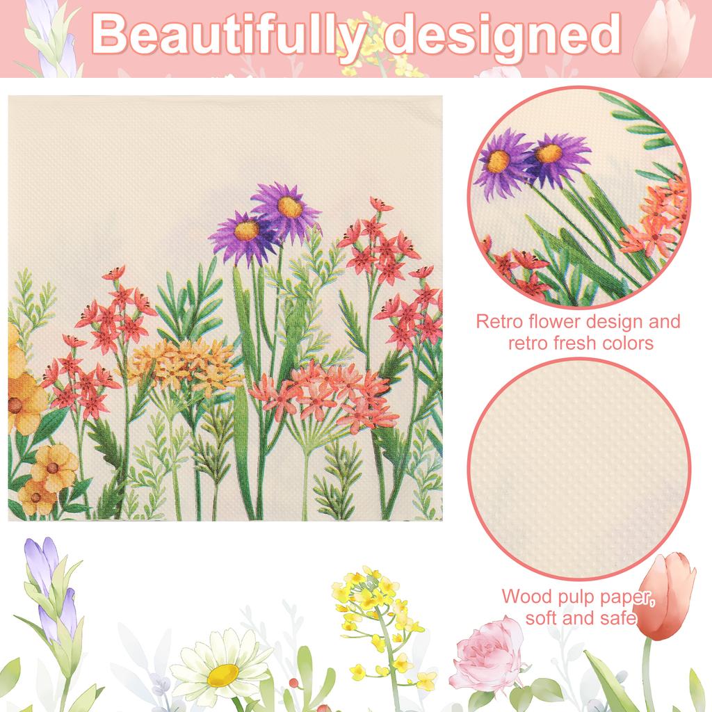 100Pcs Flower Paper Napkins Reusable 2-Layer Retro Floral Guest Napkin Decorative Party Dessert Dinner Napkins for Party