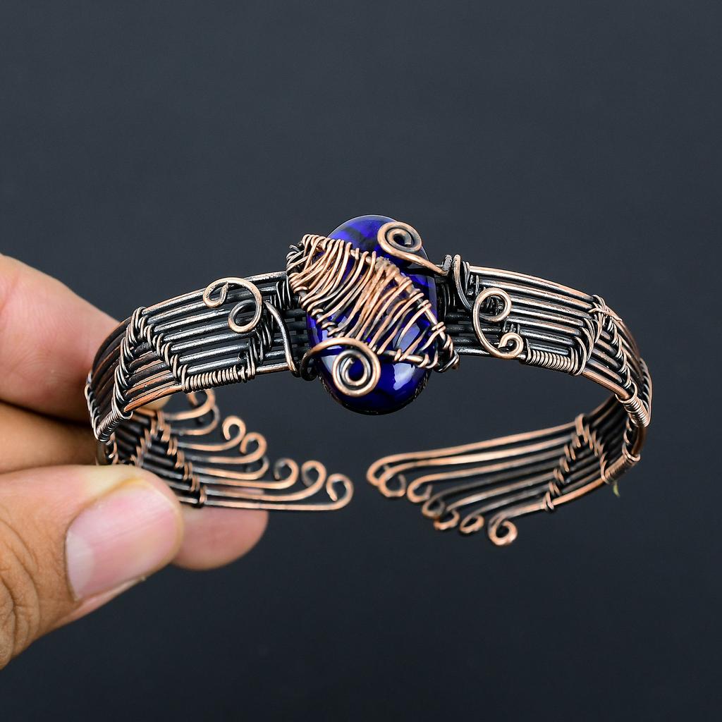 Natural Blue Fire Labradorite Gemstone Copper Wire Wrap Bangle Adjustable O7e47