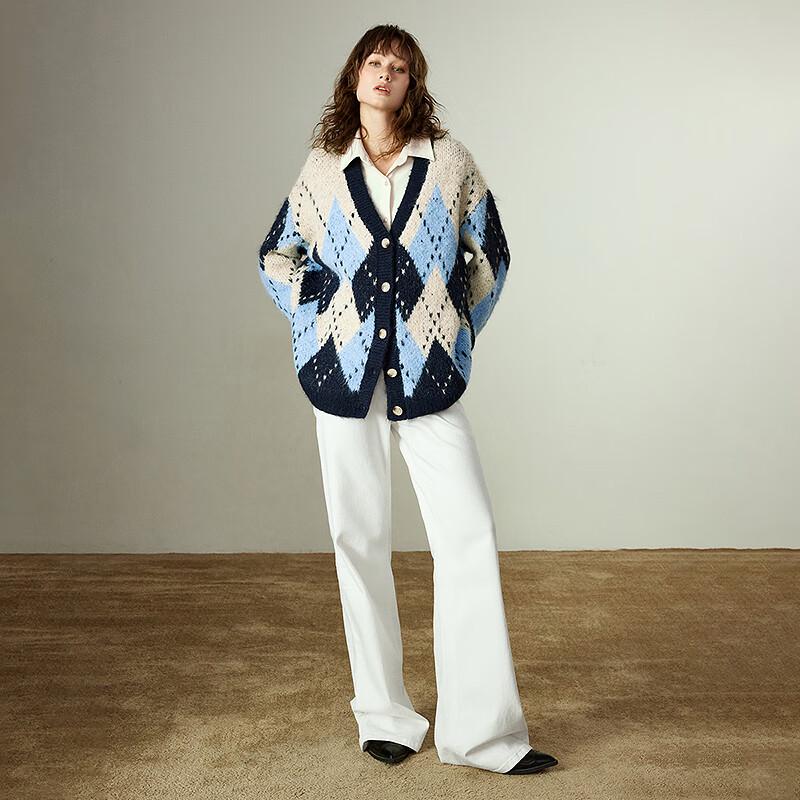 Chuyu Damen Strickjacke mit V-Ausschnitt und nordischem Farbblockmuster aus Wollmischung