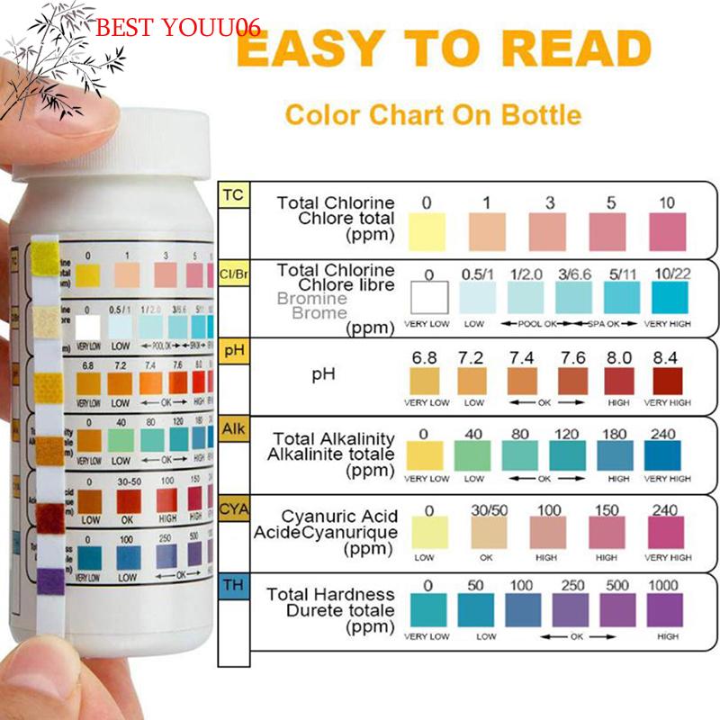 Hot 50 Pcs/Bottle 6 In 1 Multipurpose Chlorine PH Test Strips SPA Swimming Pool Water Tester Paper