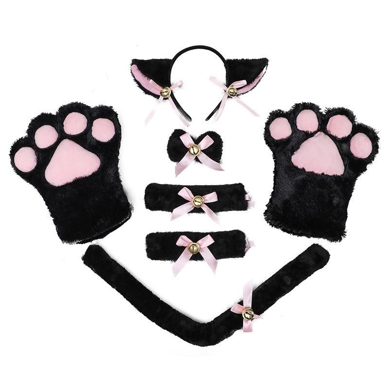 Fluffy Cat Ears Headband With Paw Gloves Tail Set Costume Party Cosplay Animal Themed Event