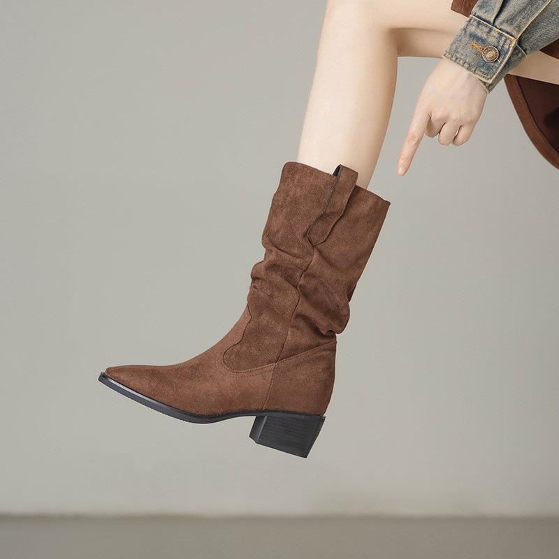 Spring retro cowboy boots new pointed thick heel pleated Martin boots stacked short knight boots