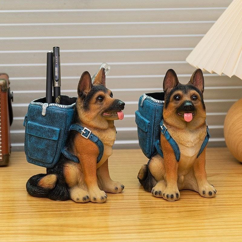 German Shepherd Pen Holder: Stylish Office Desk Stationery Organizer & Sculptural Ornament – New Resin Craft Dog Decor
