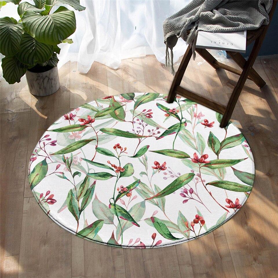 BeddingOutlet Flowers Bedroom Floor Mat Green Leaves Round Carpet Tropical Plants Rug Floral Living Room
