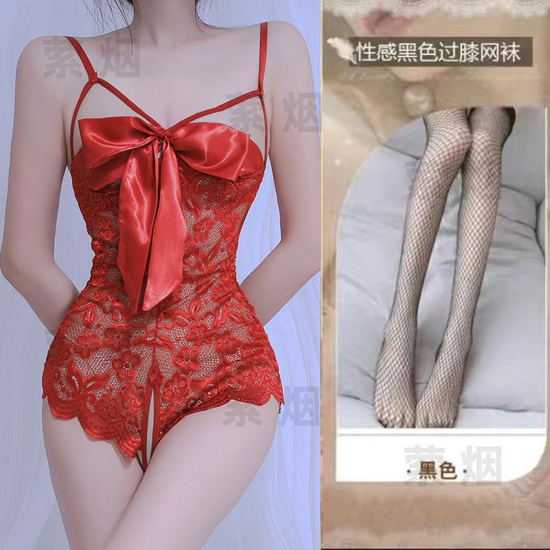 Sex underwear lace temptation transparent hollow sexy onesie bow qqny open uniform set