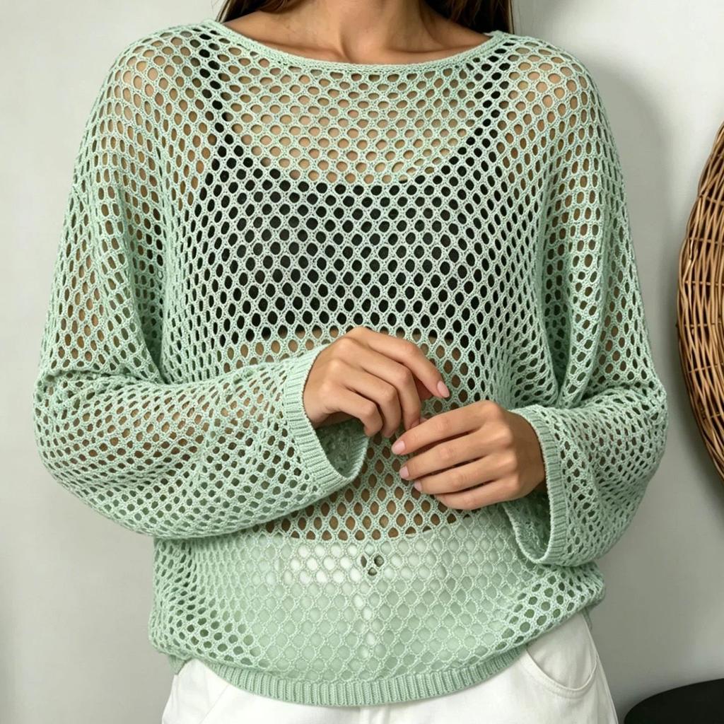 Maglia Lavorata a Maglia da Donna Estiva Svuotata Larga a Maniche Lunghe T-shirt