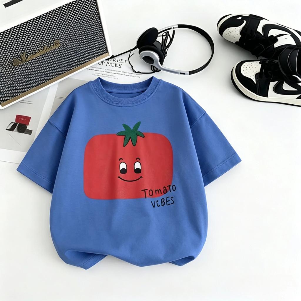 2026 Hot Sale Kids Short Sleeve T Shirt With Strawberry Tomato And Lemon Prints Loose Thin Style Soft Fabric Casual Tees Kid Top