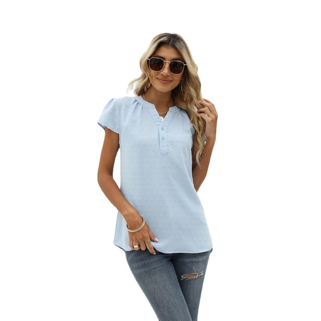 Summer Women's Solid Textured Chiffon Blouse, Loose V-Neck Pullover Short Sleeve Top, European & American Style Casual Top