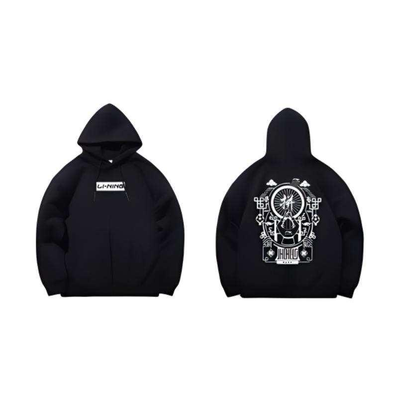 Li Ning Loose Fashion Pattern Printed Embroidered Logo Sports Casual Warm Pullover Long Sleeve Hoodie Unisex Hoodies Black AWDR299-3