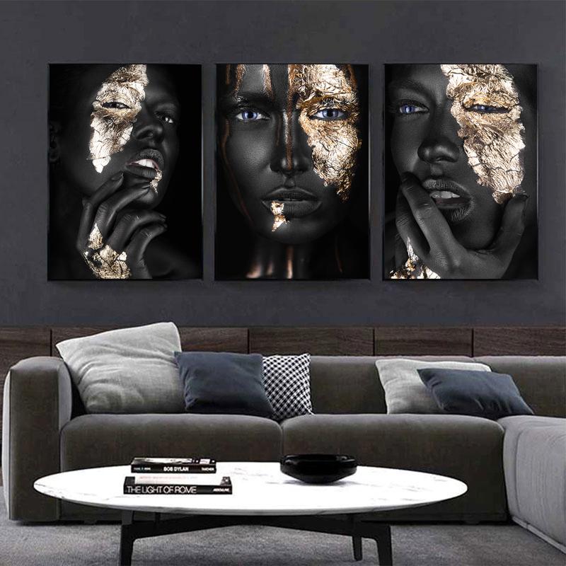 Gold and Black Woman Canvas Painting African Women Posters and Prints Cuadro Modern Wall Art Pictures for Living Room Decoration