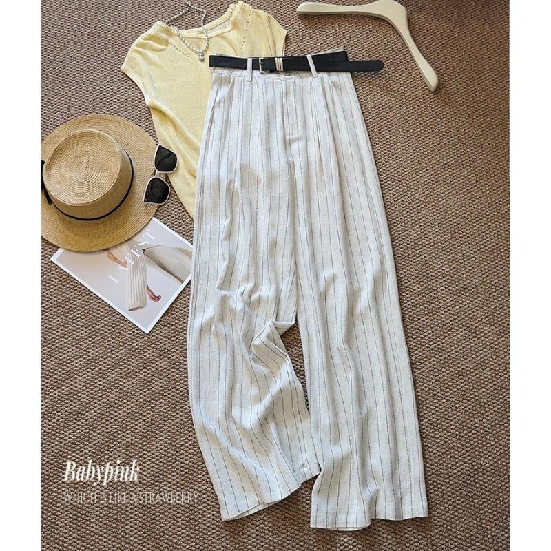 Old Qian Feng Vertical Pattern Refreshing Linen Wide-leg Pants High Waist and Thin Straight Casual Pants Lazy Temperament Trousers with Belt