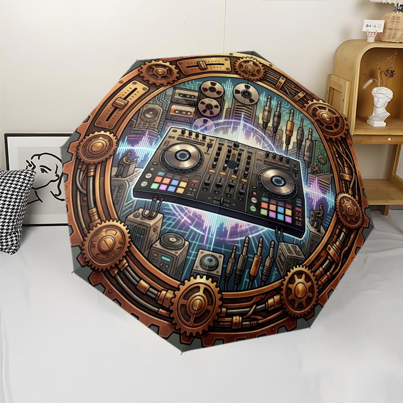 Steampunk DJ Gear Pattern Umbrella, Portable and Foldable Design, 8 Ribs, a Casual Accessory for Halloween, Christmas, and Birthday Gifts.
