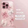 Pink Bow Pattern Metallic Tempered Glass Phone Case For iPhone 11 12 13 14 15 16 17 Pro Max 15 14 Plus 17 Air 17E Cover