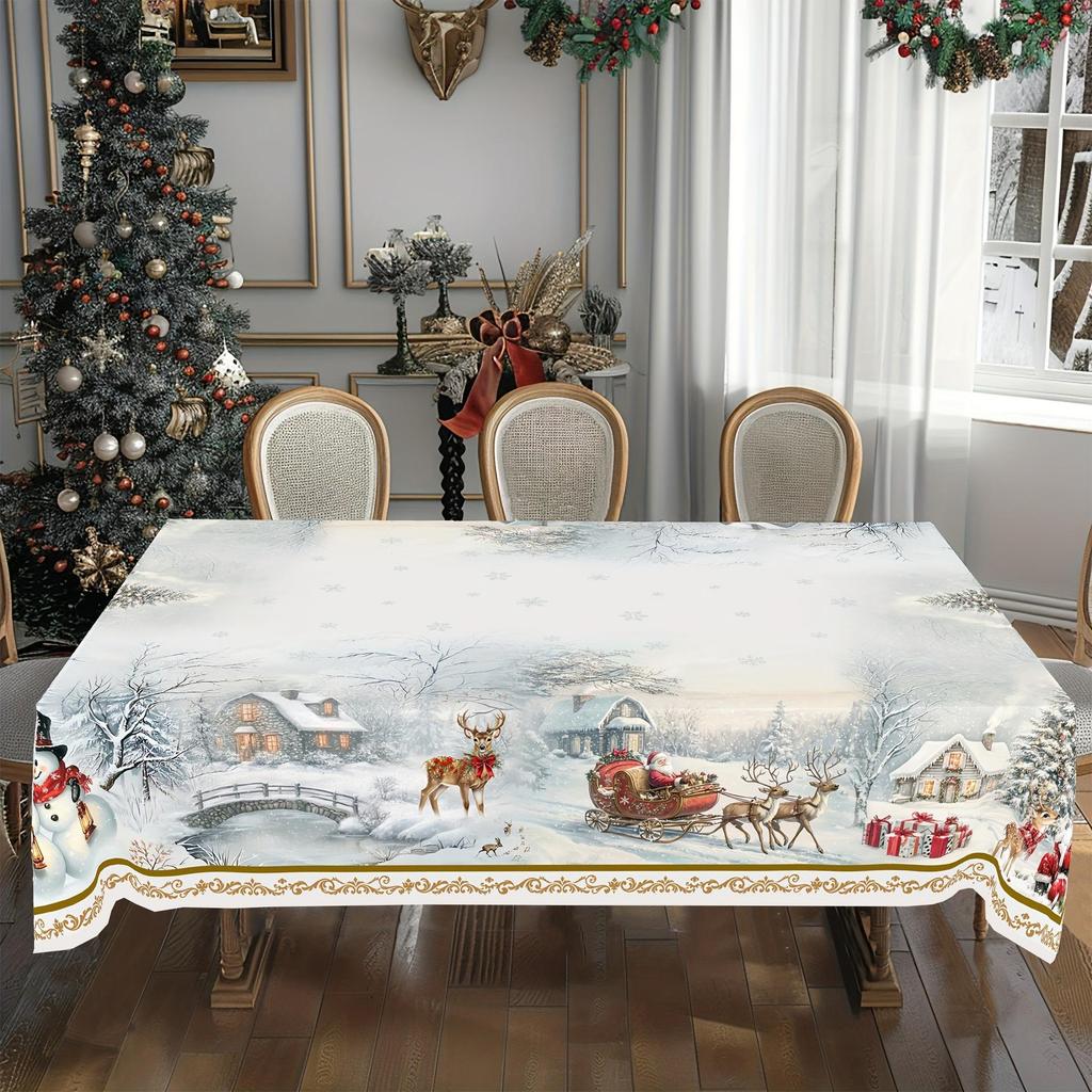 Christmas Tablecloth Digital Print - Winter Snowman Reindeer Xmas Tree Dining Table Festival Decor Table Cover