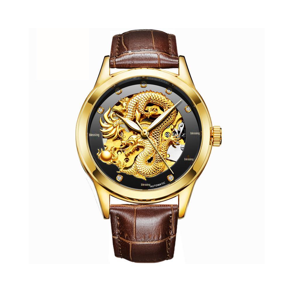 Modun Men's Gold Dragon Pattern Automatic Skeleton Watch with Genuine Leather Strap and Waterproof Multifunctionality