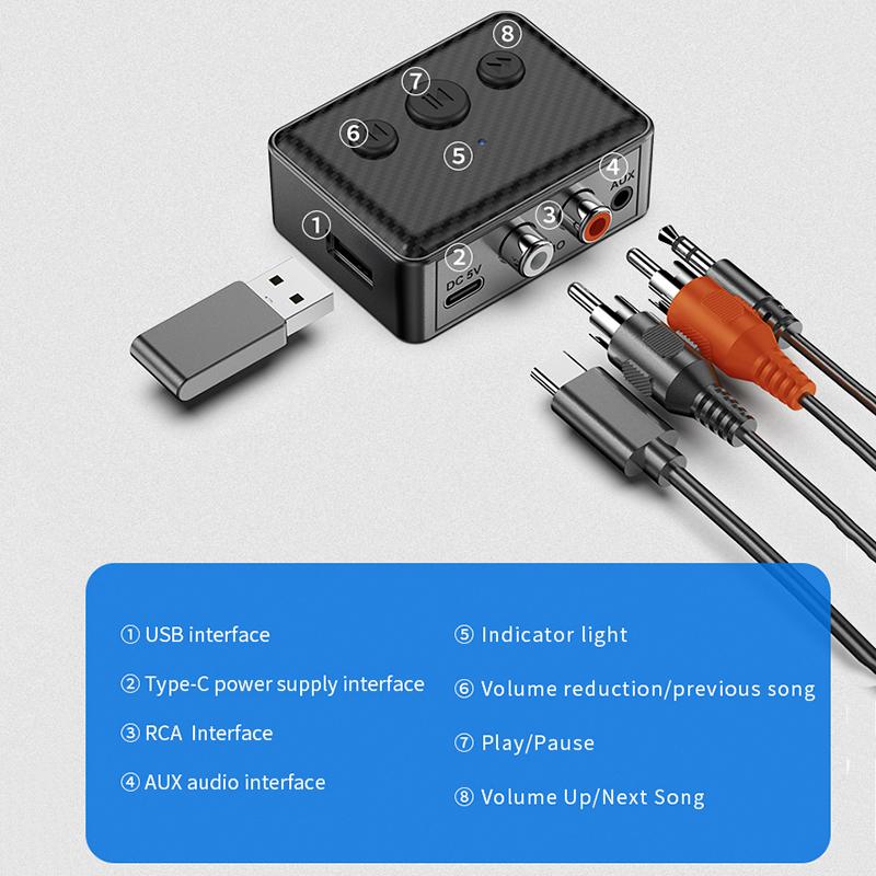 Bluetooth 5.4 Audio-Adapter Drahtloser Empfänger RCA 3,5 mm AUX USB Audio-Adapter mit Mikrofonunterstützung U-Disk-Wiedergabe Für Auto-Kit Lautsprecher