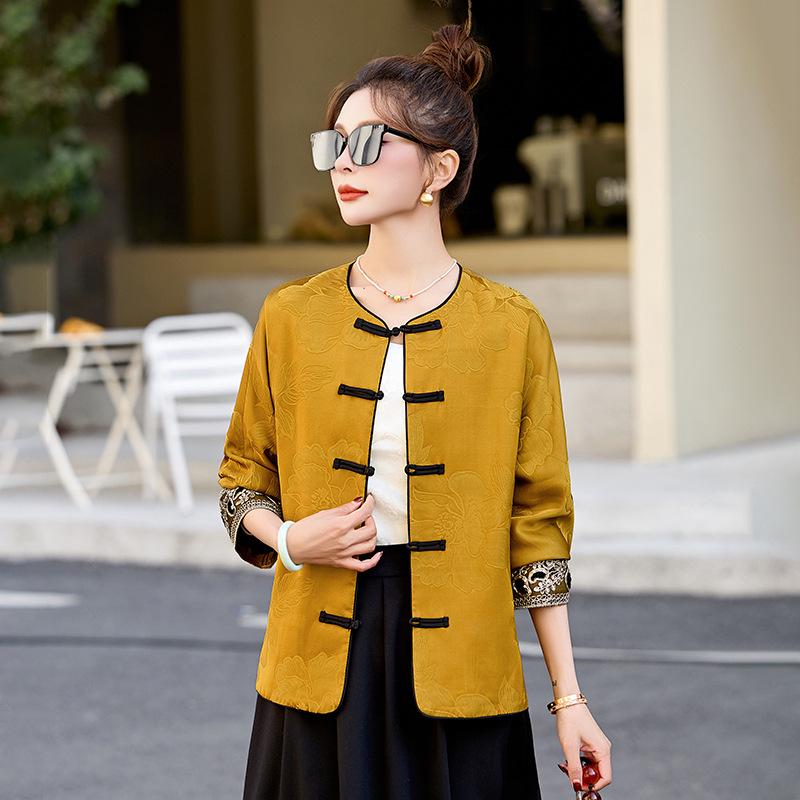2025 Early Spring Chinese Jacquard Round Neck Frog Button Coat AH66606