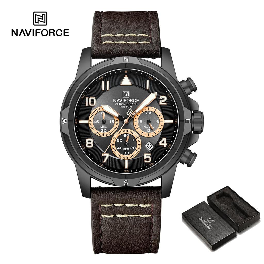 NAVIFORCE Original Men Quartz Watch Chronograph Mini Dial Calendar Date Leather Strap Luminous Hands 30m Waterproof Men Watch Gift NF8077