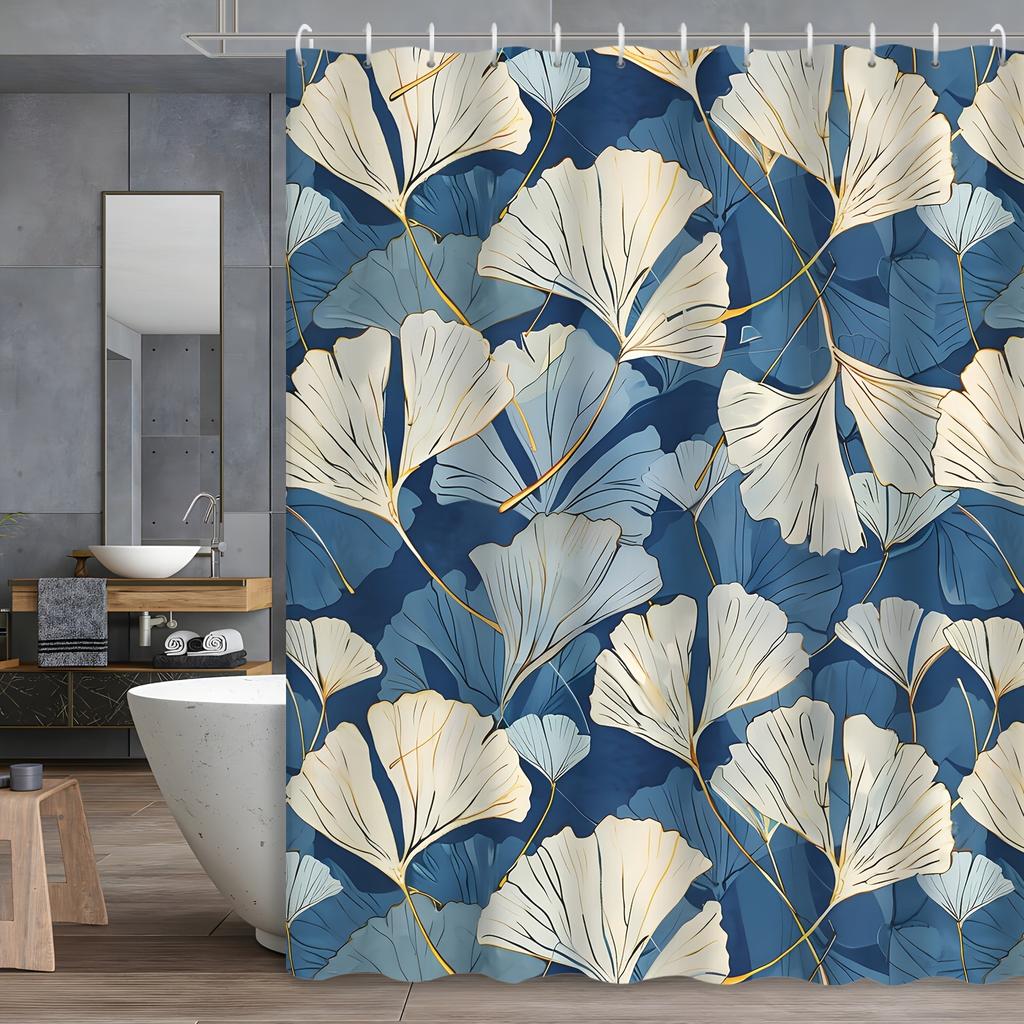 "Ginkgo Leaf Curtain - Water-Resistant, 12 Hooks, Machine Washable, All-Season, Plant Theme