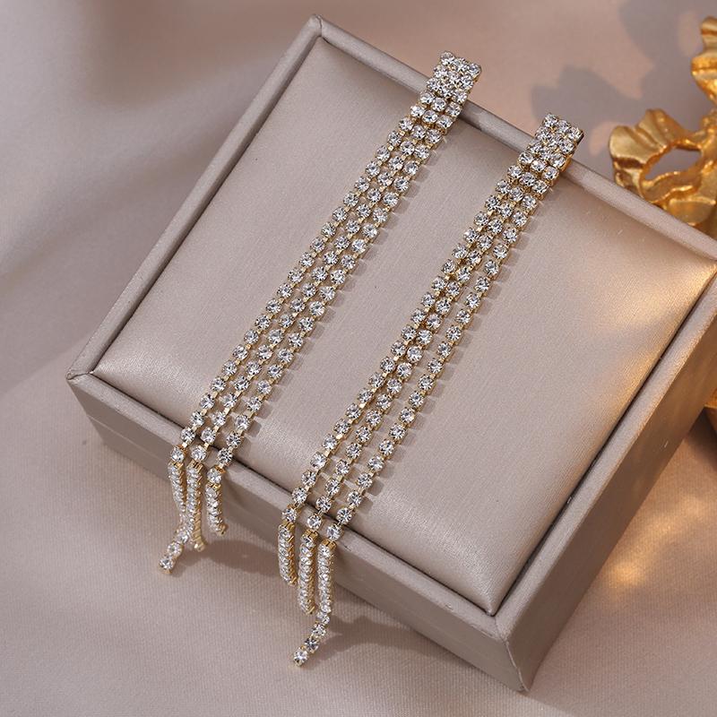Simple Trendy Long Shiny Full Crystal Rhinestone Tassel Earrings For Women Drop Dangle Bridal Wedding Earrings Stud Jewelry Gift