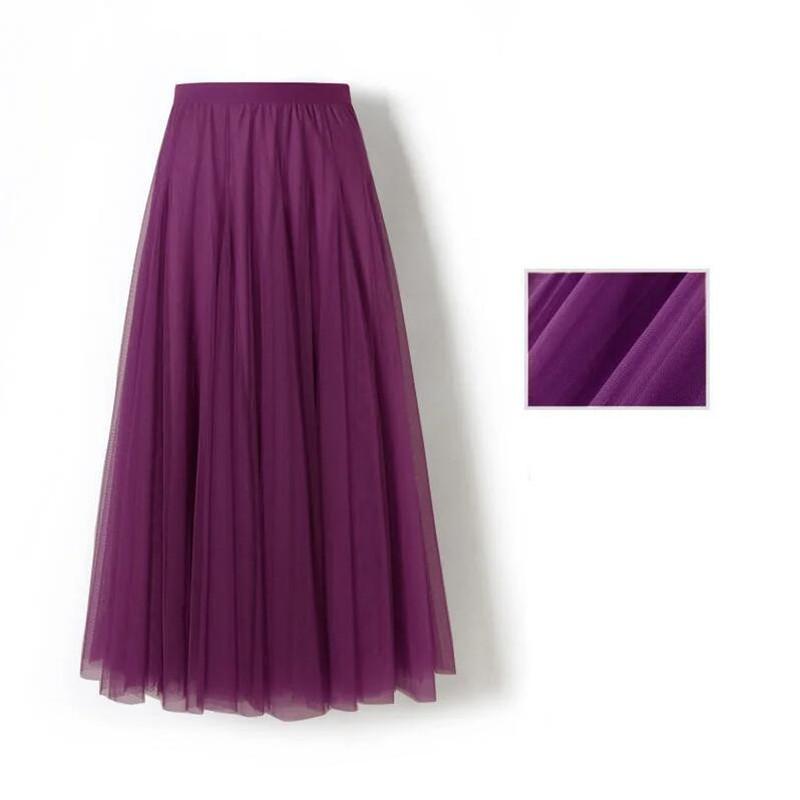 Spring Autumn Summer Holiday Beach Women Long Midi Skirt Ladies Elastic High Waist Tulle Mesh Pleated Tutu Skirt