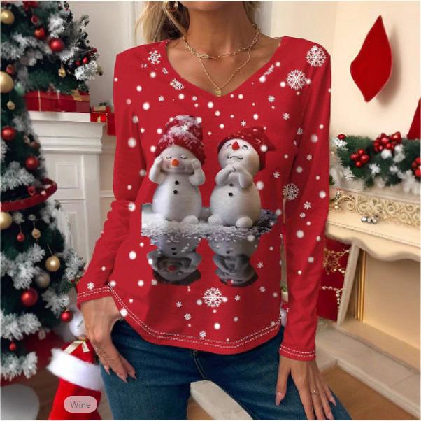 

Spring and Autumn V-neck 3D Christmas Snowman Printed Top Fashionable Casual Long Sleeved Women s T-shirts XL