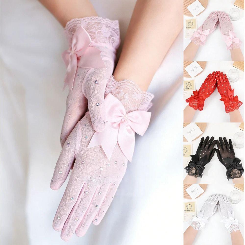 1 Pair Bow Knot Design Lace Gloves Full Finger Bridal Gloves Elegant Cosplay Gloves for Women