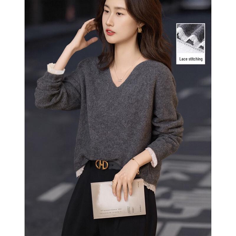 Demana  Lace Poetry  Vintage Lace Patchwork V-Neck Sweatshirt M