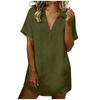 Women V Neck Short Sleeve Collared Shirt Mini Dress Linen Cotton Casual Beach Holiday Loose Fit Tunic Dress for Summer