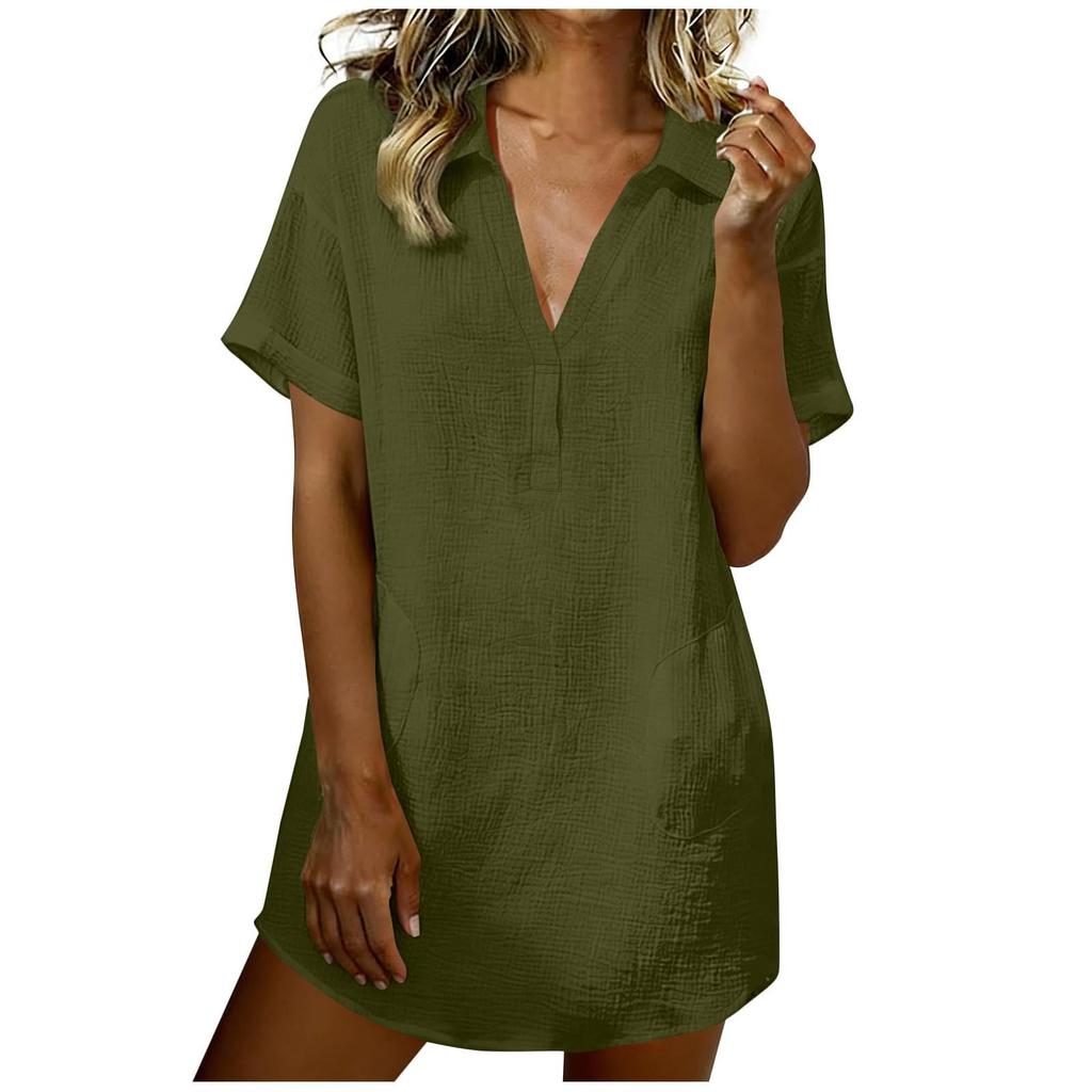 Women V Neck Short Sleeve Collared Shirt Mini Dress Linen Cotton Casual Beach Holiday Loose Fit Tunic Dress for Summer