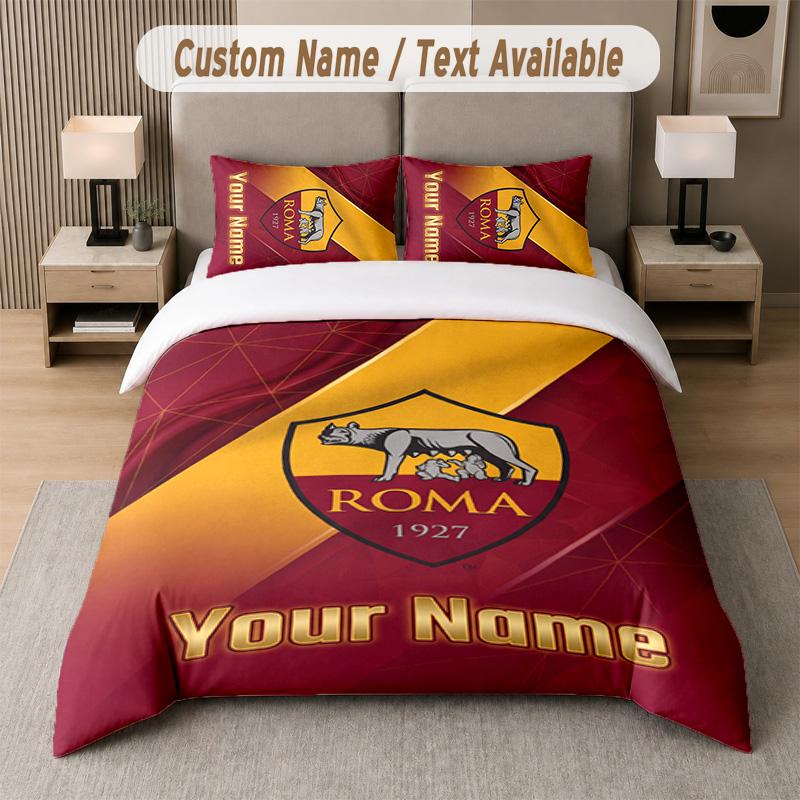 Set Biancheria da Letto Design AS Roma Testo Personalizzato 1 Copripiumino & 2 Federe