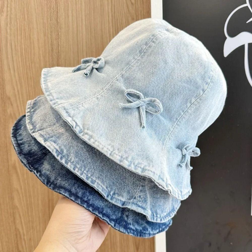 Korean Style Bow Fisherman Hat Sweet Sunscreen Hat Fashion Denim Bucket Hats  For Women
