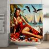 Vintage Style Beach Scene Shower Curtain With Lady Model Artwork Perfect For Bathroom Decor