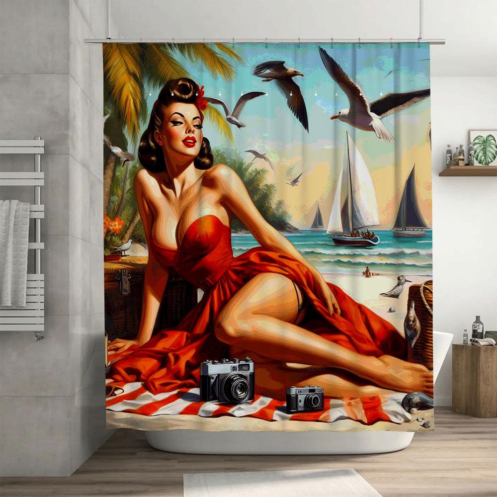 Vintage Style Beach Scene Shower Curtain With Lady Model Artwork Perfect For Bathroom Decor