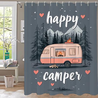 1Pc Cartoon Happy Camper Print Shower Curtain Partition Privacy Hanging Bathroom Curtain With 12 Hooks Machine Washable